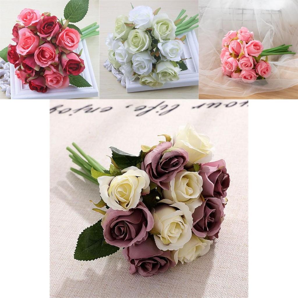 Lifelike 12 Head Artificial Flowers Rose Silk Bouquet For Bridal Weddings And Events