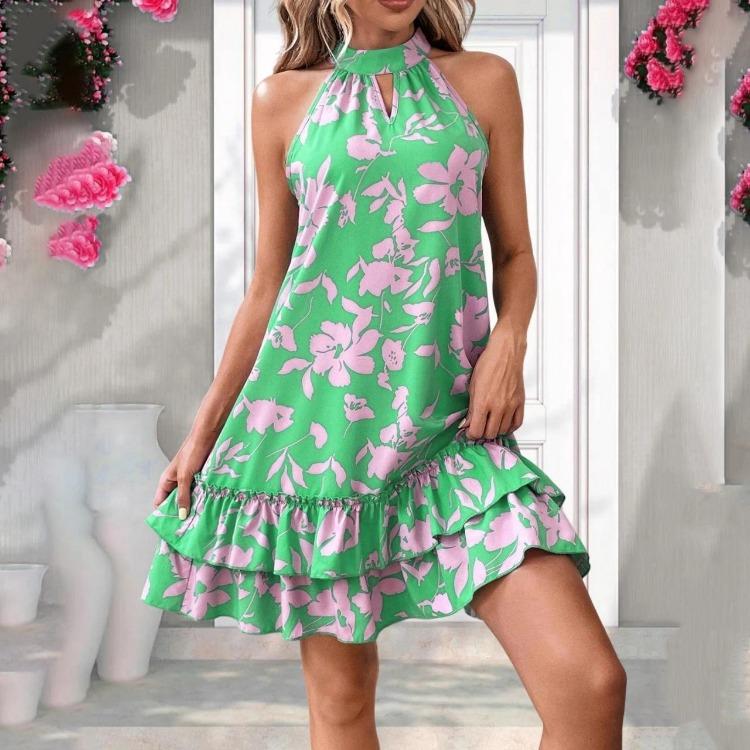 Flounce Print Sleeveless Summer Dress for Women Sexy Hanging Neck Design