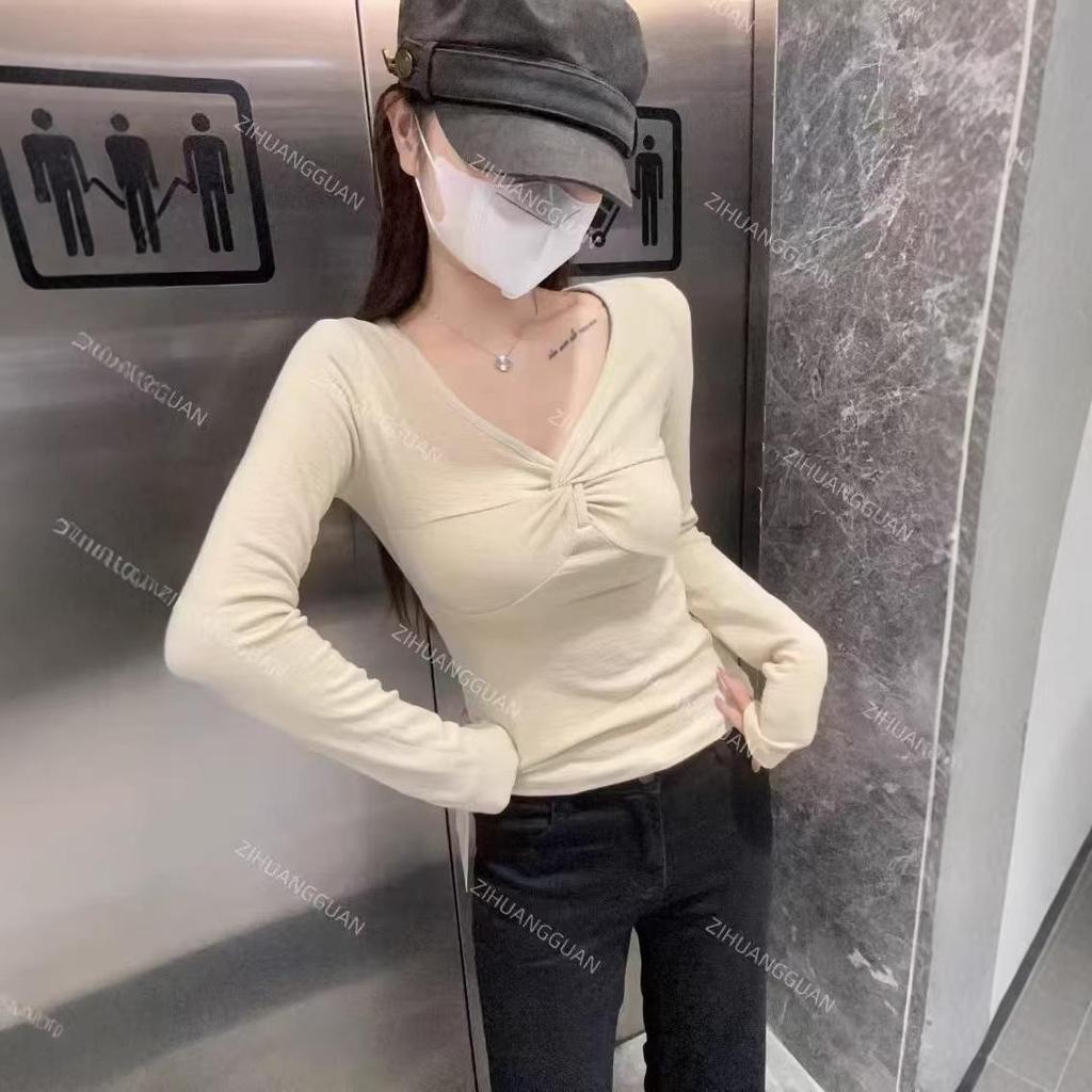 Women's Elegant Knotted V-Neck Long-Sleeve Slim-Fit T-Shirt – French Design Spring 2026 Arrival