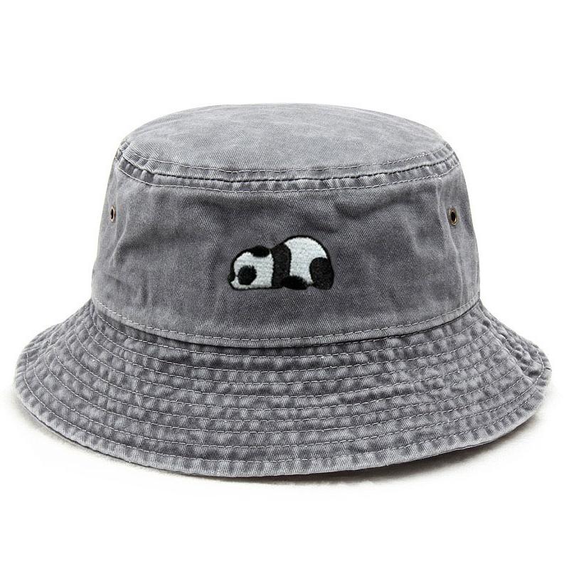 Gewassen Katoenen Bucket Hat voor Mannen Vrouwen Vintage Brede Rand Zonbescherming Verstelbaar Buiten Vissen Strand Hoeden Panda Borduurwerk gray