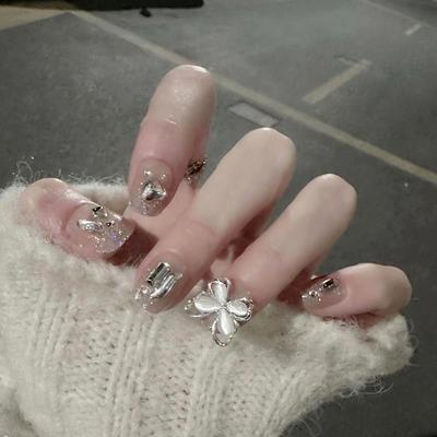 French Style 24pcs False Nail Wearable Butterfly Charms Broken Diamond Ballet Fingernails Finished Removable Reusable Nail Patch