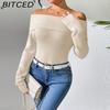 BITCED Women's Tailored Off-Shoulder Sweater Sexy Bare-Shoulder Knit Sweater Solid-Color Base Layer Knit Top