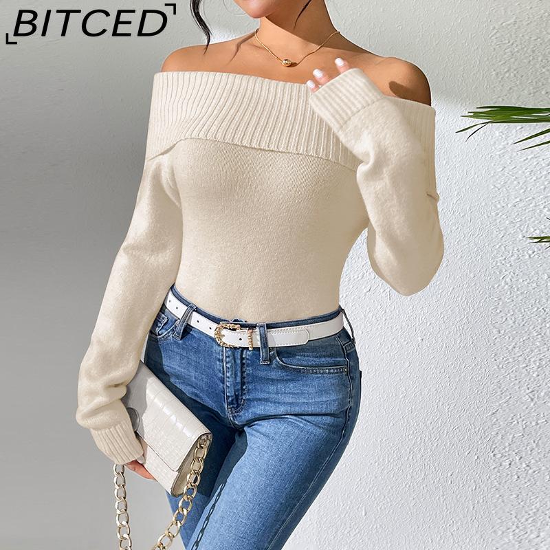 BITCED Women's Tailored Off-Shoulder Sweater Sexy Bare-Shoulder Knit Sweater Solid-Color Base Layer Knit Top