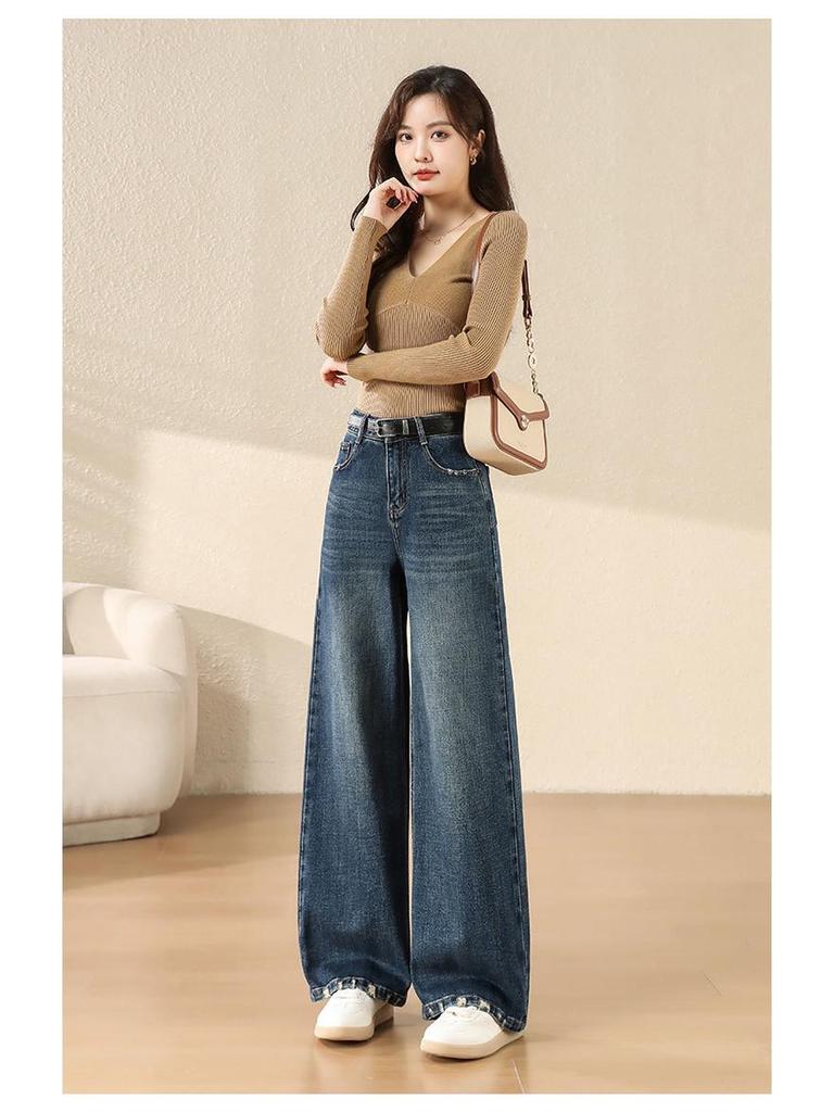 Autumn 2025 Retro Blue High Waist Straight Leg Jeans: Versatile, Slimming, Loose, Floor-Length Trousers