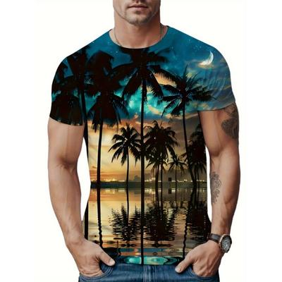 Coconut Tree Pattern T Shirt For Men Colorful Gradient 3D Printed Summer Street Short Sleeve Round Neck Tops Loose T-Shirts