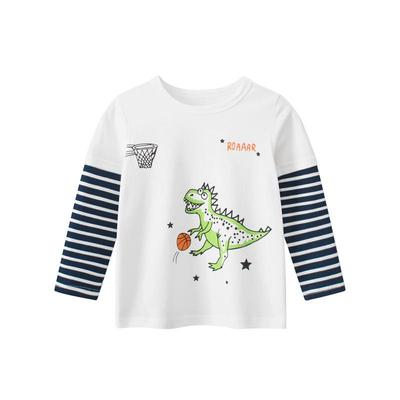 27kids 2024 Neues Herbst Dinosaurier Langarm Fake Zweiteiler T-Shirt für Jungen