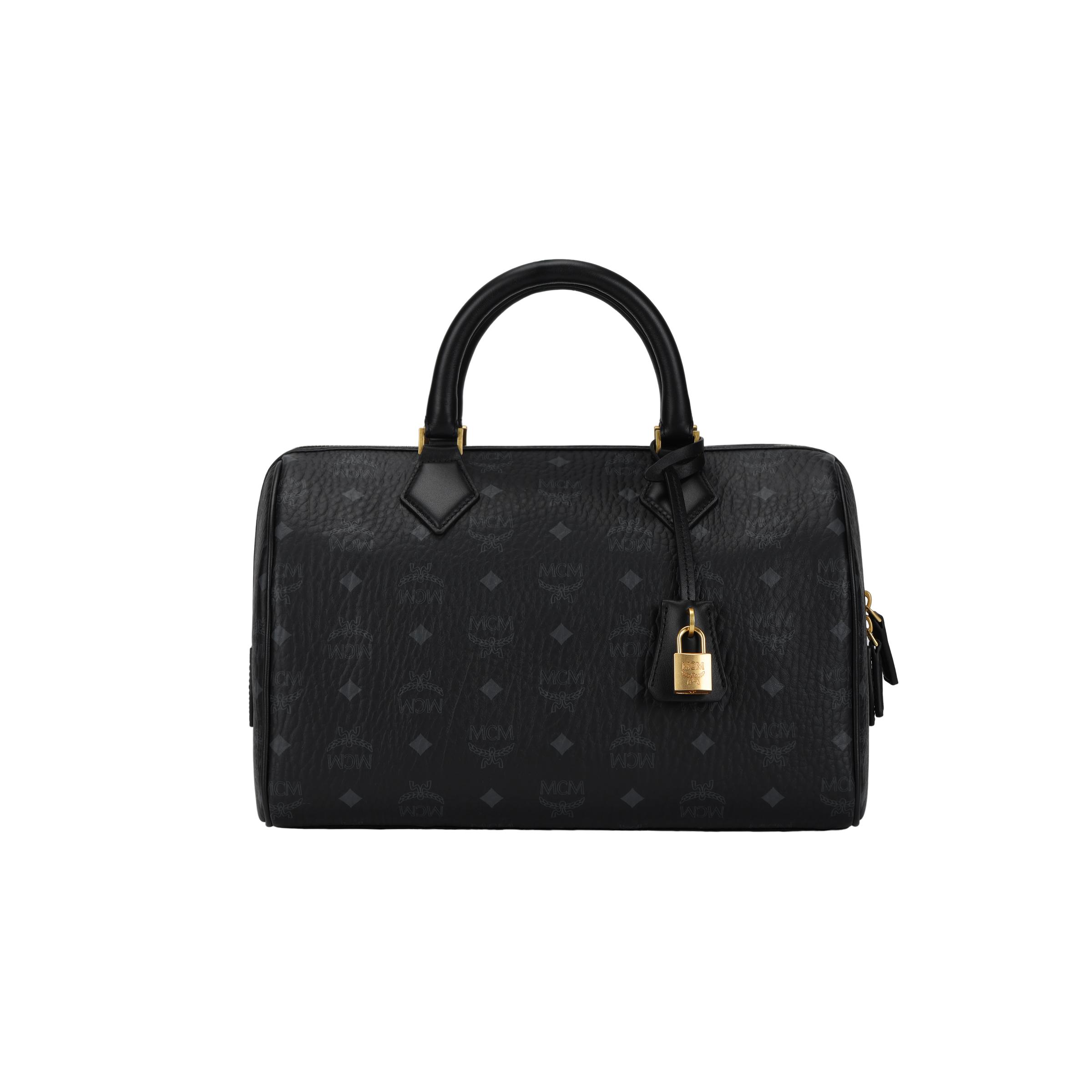 

MCM Ella Visetos Logo Metal Lock Canvas And Leather Boston Bag Women bags MWBESEA03BK001 Basic Set (Bag+Dust Bag)