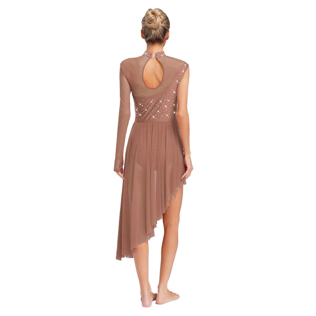 Womens Asymmetrical Lyrical Dance Dress Mock Neck Cutout Sheer Mesh Shiny Rhinestones Performance Costume