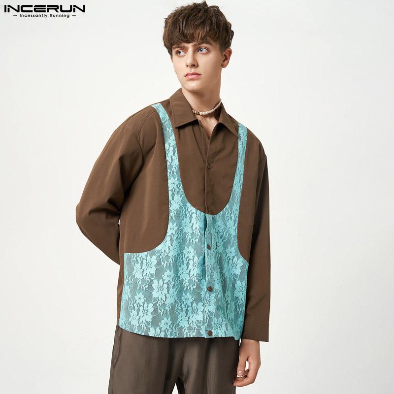 

INCERUN Весенние мужские свободные рубашки с длинным рукавом на пуговицах и кружевным принтом