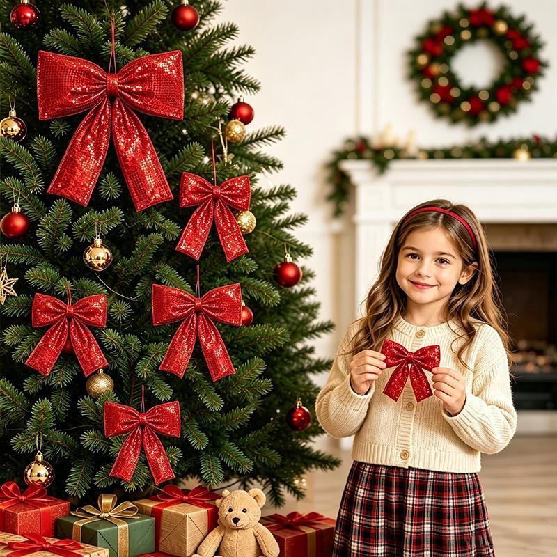 Hanging Christmas Sequin Bow Retro Exquisite Christmas Tree Ornament Sparkling Wreath Garland Bow Merry Christmas