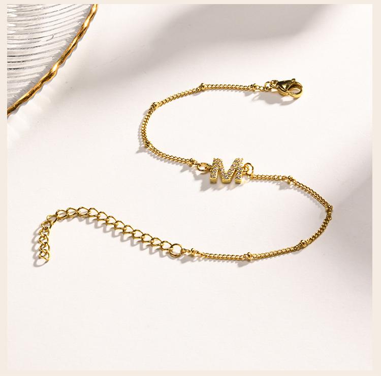 Charms Pave Initial Letter Bracelet, Paperclip Satellite Chain Stainless Steel Gold Plated, Handmade Jewelry for Women