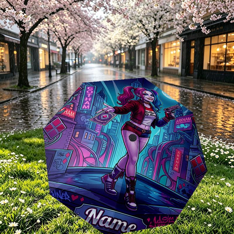 Custom Name Personalized Harley Quinn Print Umbrella, Auto Open Close, 8‑Rib Sturdy Frame, Commute Camping Hiking Use, Birthday Gift