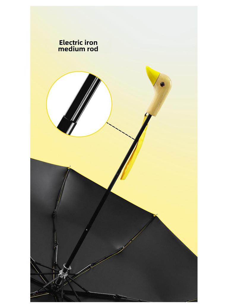 Creative Duck Head Umbrella: Stylish Black with Wooden Handle, Sun Protection, Dual-Purpose for Rain or Shine.
