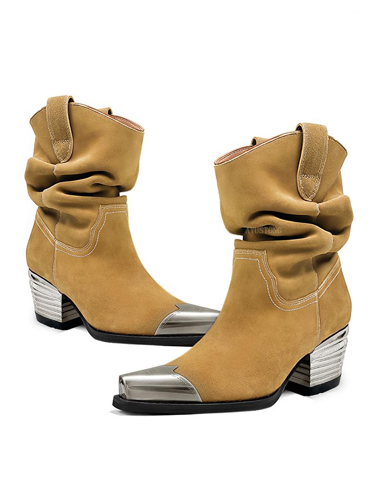 Pointed Pleated Thick Heel Western Boots 2025 Autumn New Elegant Women's Party Short Boots Street Casual Chelsea Boots
