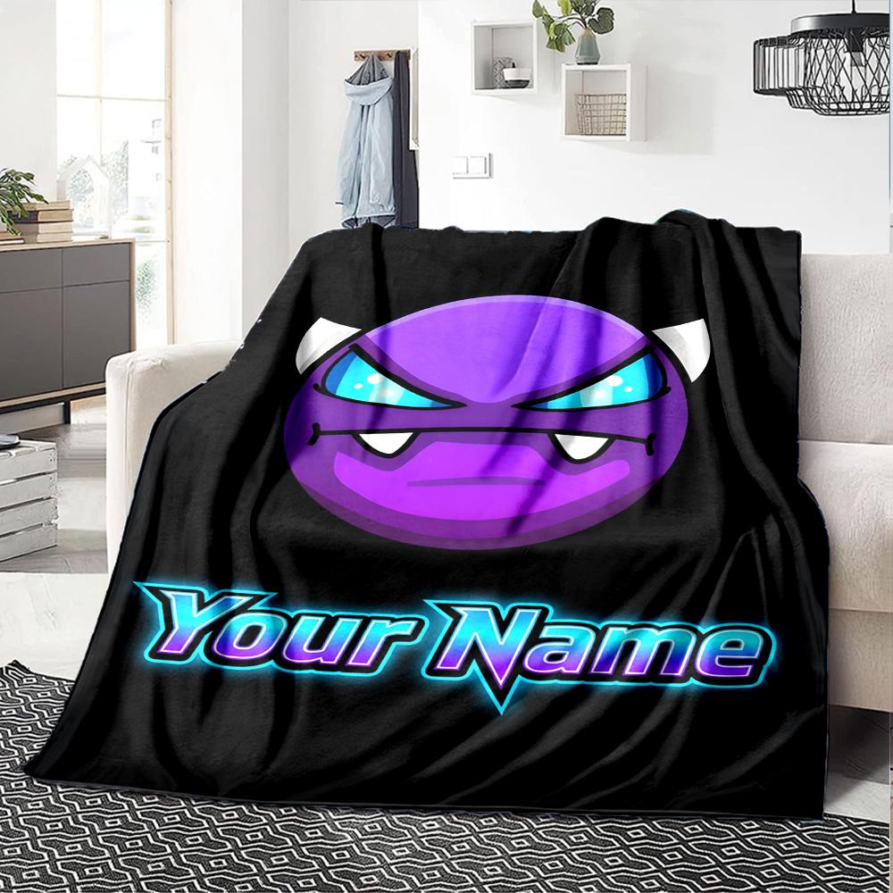1pc Geometry Dash Blanket with Custom Name, Gift, for Men and Women, Soft Blanket, Good for Sofa Bed Couch Travel, Lightweight Flannel Blanket