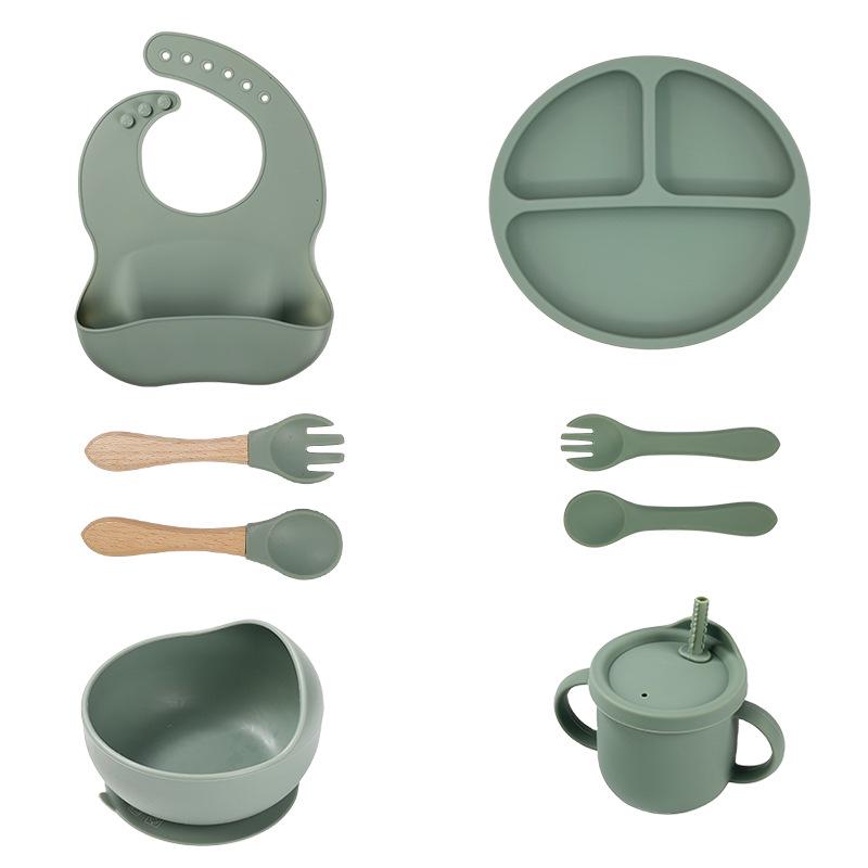 Silicone Baby Feeding 8-Piece Tableware Set with Compartment Plate