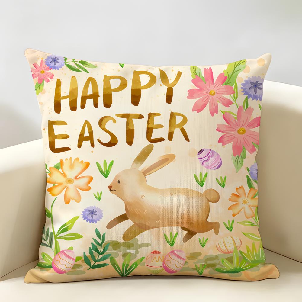 Happy Easter Rabbit Cute Cushion Cover Natural Linen Organic Fabric DoubleSided Printing Room Sofa Decor Pillow Case