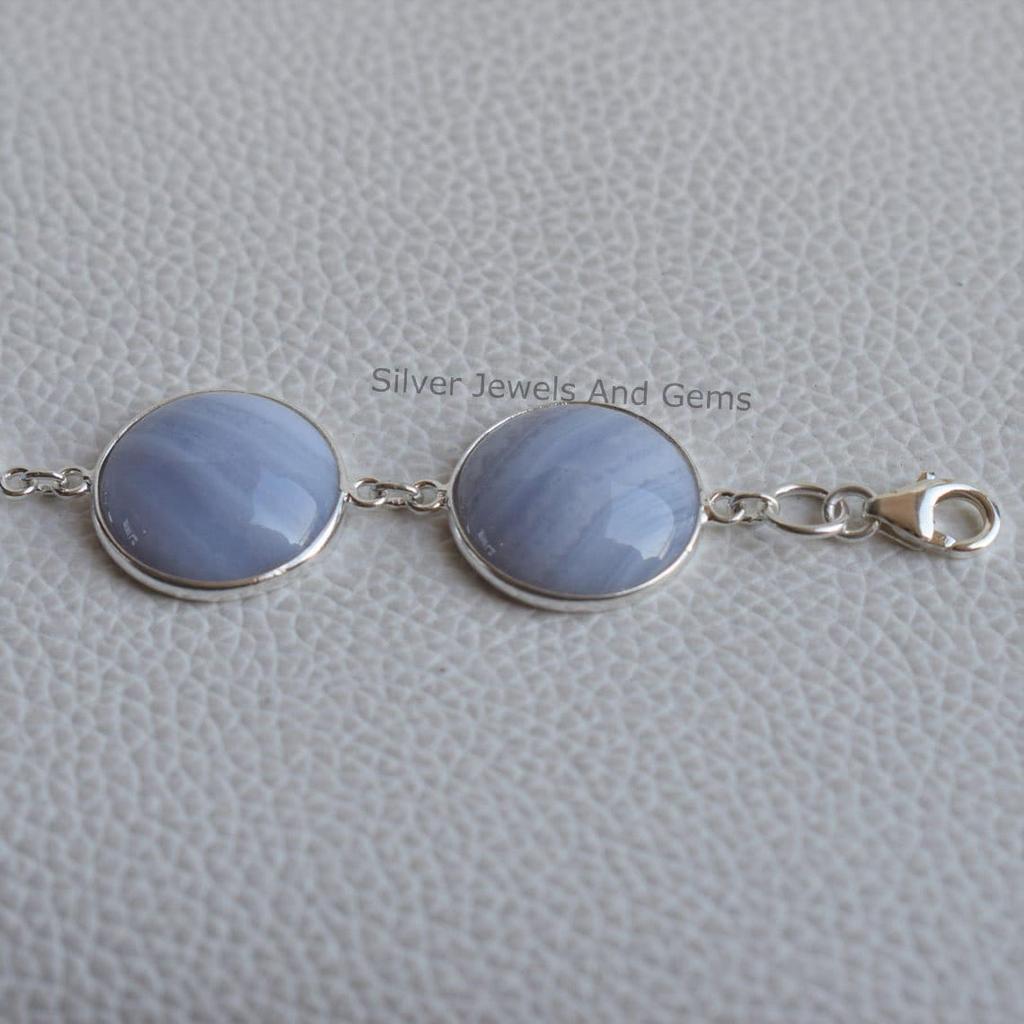 Blue Lace Agate Bracelet, 925 Sterling Silver Bezel Bracelet, Wedding Gift, Round Agate Bracelet, Handmade Bracelet, Gift for her