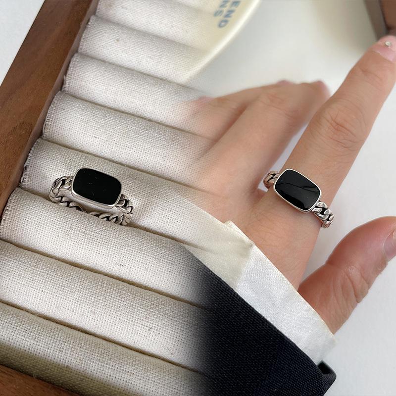 Black Drip Glaze Retro Thai Silver Jewelry Women's Non-fading High-end Open Ring