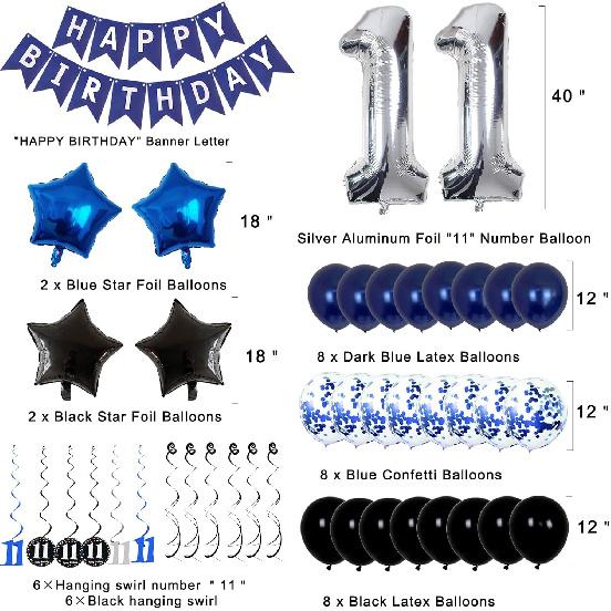11th Birthday Decorations for Boys Girls - Navy Blue Birthday Decorations For Kids Party Supplies Including HAPPY BIRTHDAY Banner Balloons for