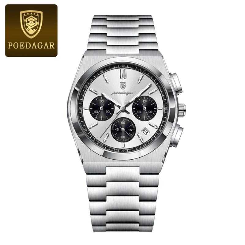 POEDAGAR Luxusní hodinky Quartz Sportovní vojenské hodinky pro muže Vodotěsné hodinky z nerezové oceli se světelným datem a chronografem