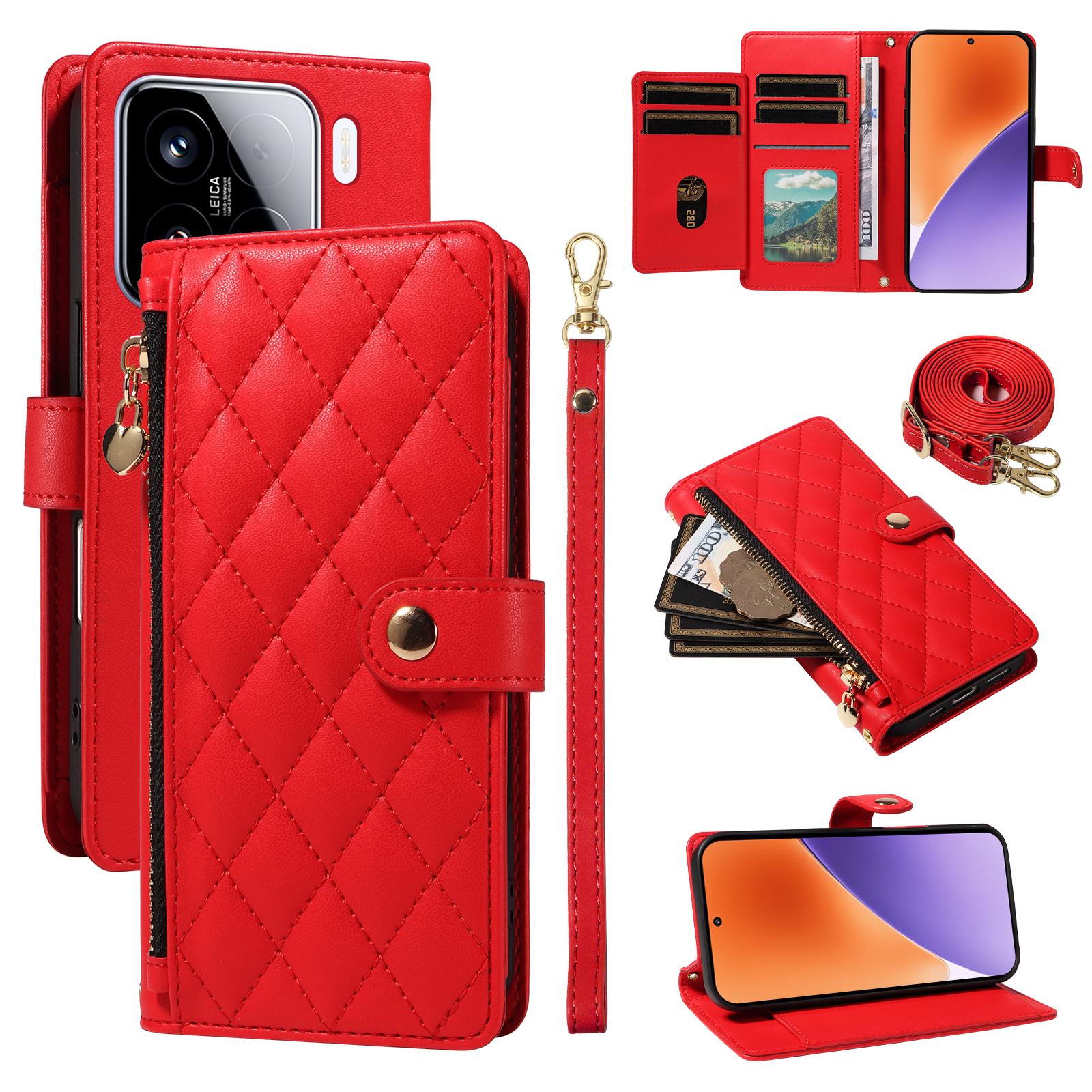 

Для Xiaomi 15 Чехол-кошелек с ремешками, Ромбовидный кожаный чехол-подставка для телефона Red