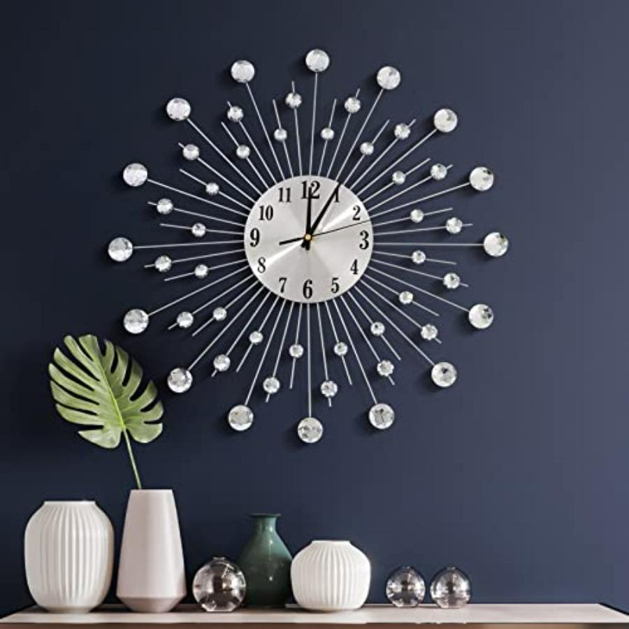

19.7 Inch Large Wall Clock for Living Room Decor Non-Ticking Quiet Modern Metal Starburst Bling Silver Crystal Wall Clocks Deco серебряный