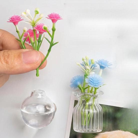 8 Stück Mini-Glasvasen-Kühlschrankmagnete mit künstlichen Blumen, Niedliche kleine Blumen-Kühlschrankmagnete für Kühlschrank, Büro und Küchenschrank