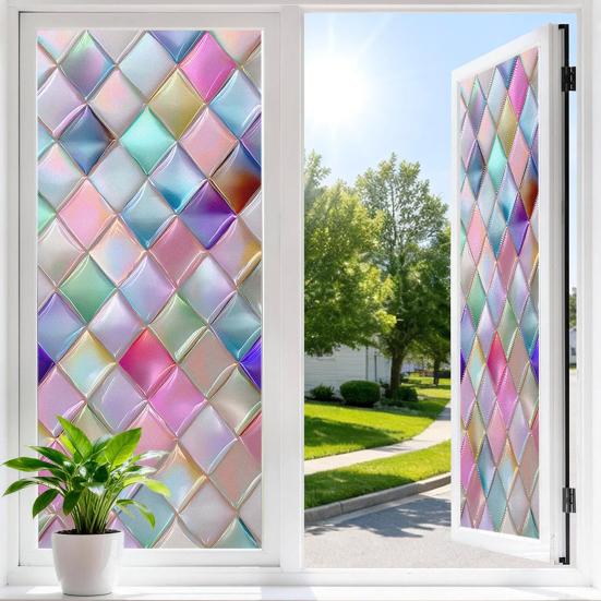 Stained Glass Effect Window Film Geometric Pattern Decorative Static Cling UV Block Heat Control Vintage Rainbow Window Sticker for Living