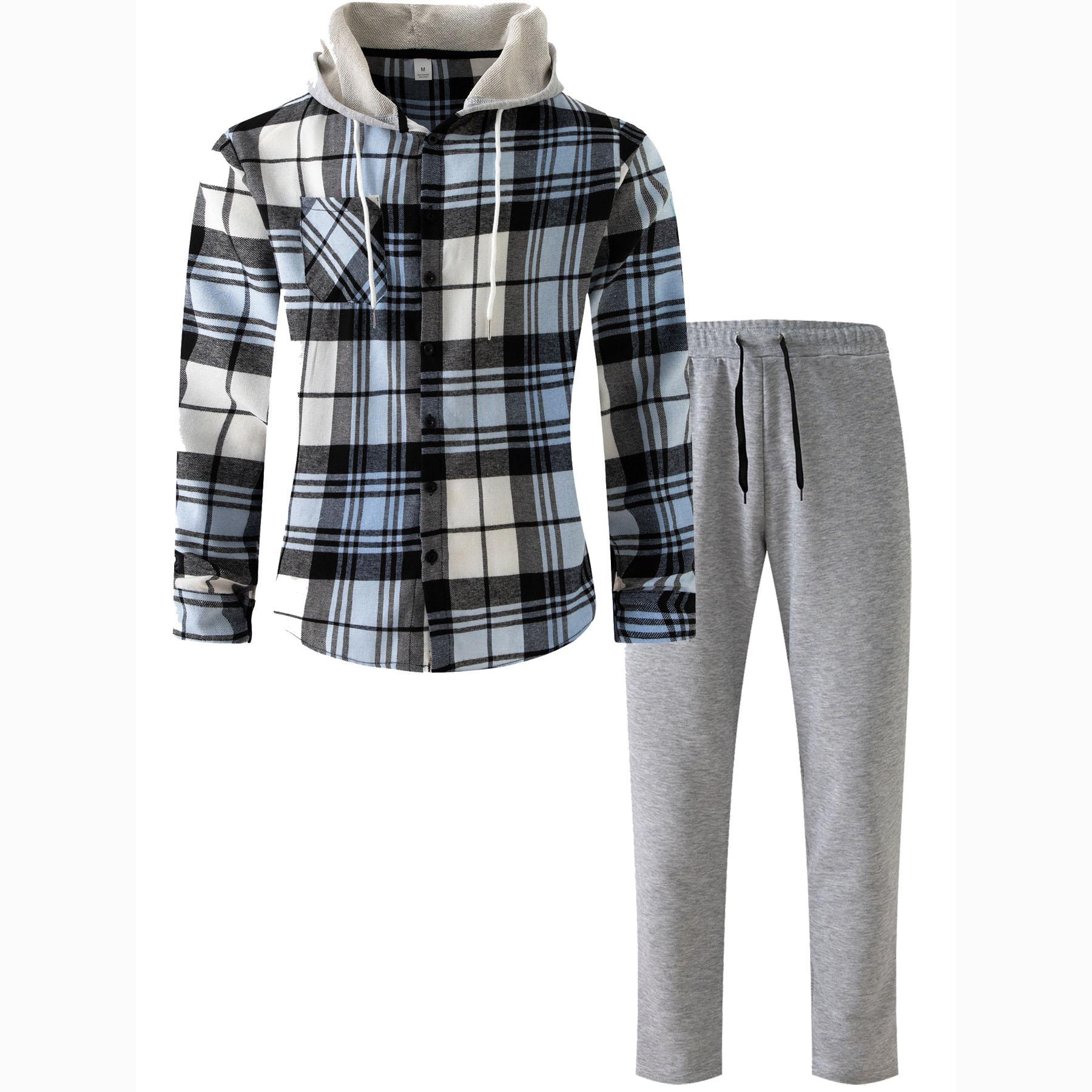 

Autumn Men s Casual Sports Hooded Long Sleeve Plaid Shirt Trousers Set XXL