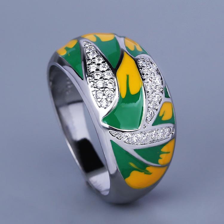 Elegant Green Forest Enamel Zircon Ring - European Pastoral Style Wedding Jewelry