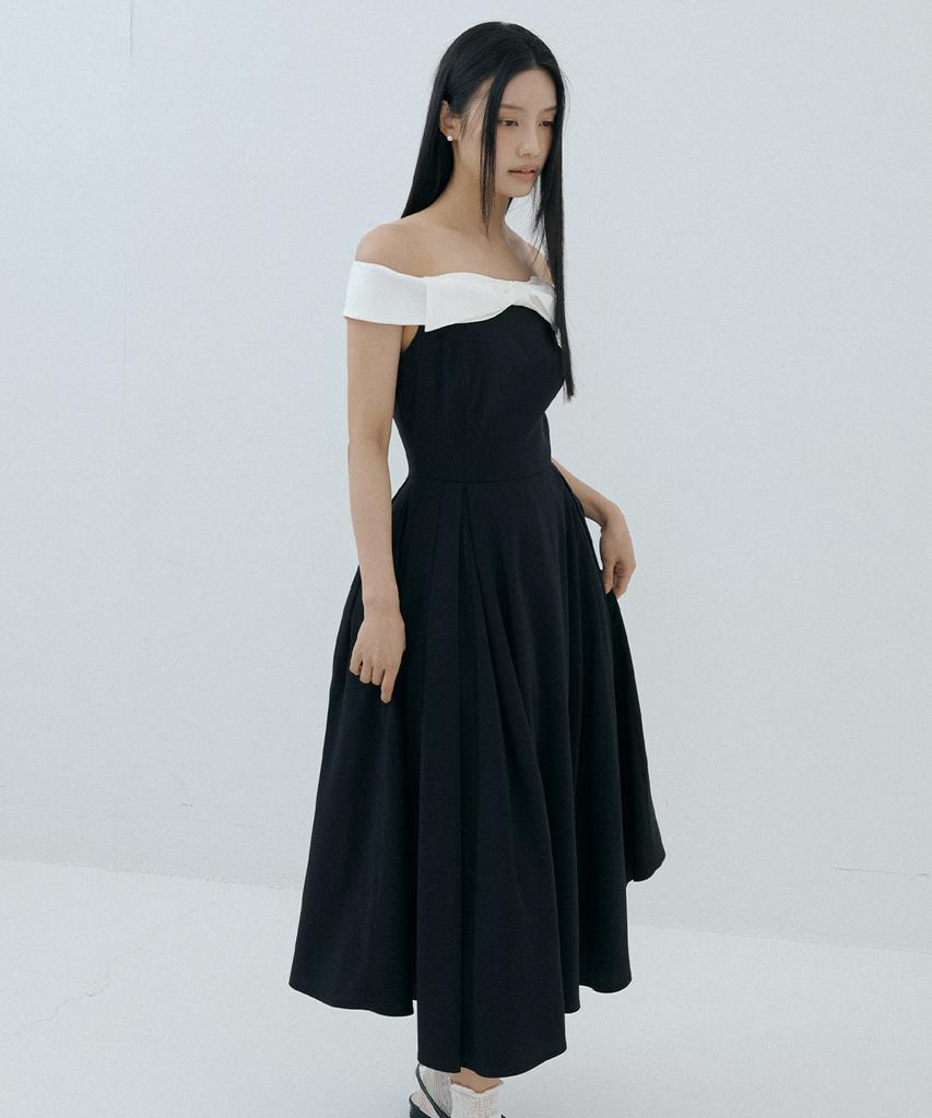 Lucirju Ribbon Trim Off-Shoulder Dress (Black)