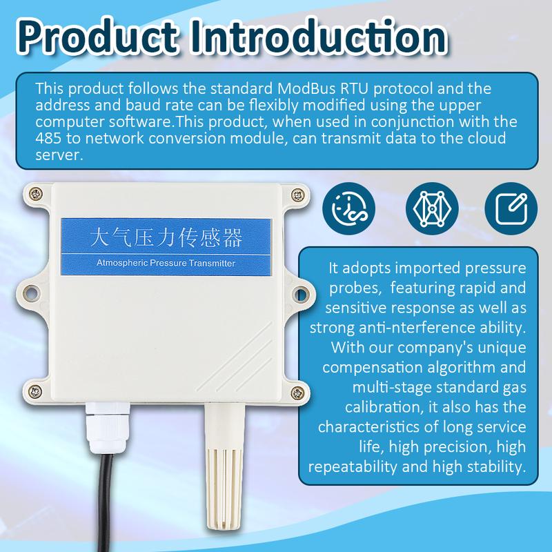

Atmospheric Pressure Sensor Transmitter Output RS485 0-5V 0-10V 4-20MA Weather Air Pressure Detector Barometric 30~110Kpa RS485