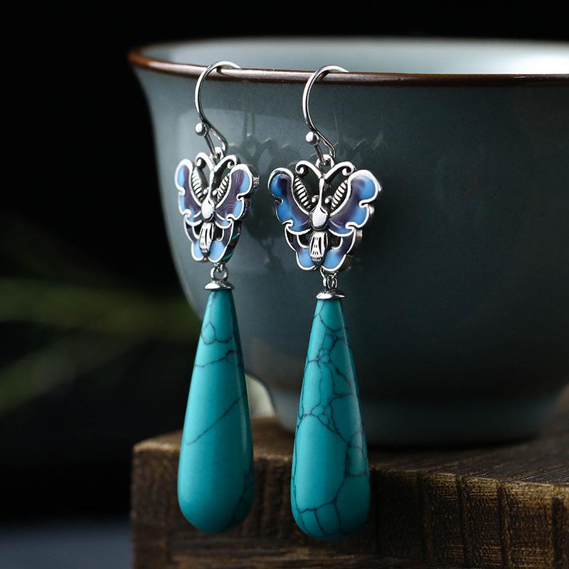 Chinese-Style Vintage Drop Earrings: Classical Enamel, Electroplated Thai Silver with Imitation Turquoise Teardrop.