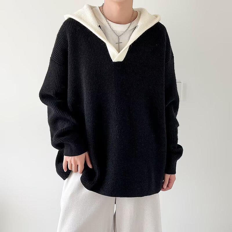 Men s Retro V-Neck Knit Hoodie – Autumn/Winter Korean Style, Handsome & Loose Fit Large