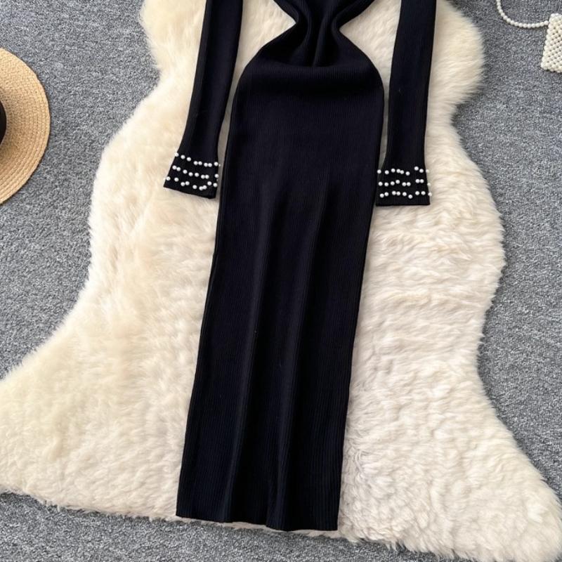 Autumn Spring Women Elegant O-neck Full Sleeve Beading Knitted Sweater Party Long Midi Pullover Dresses