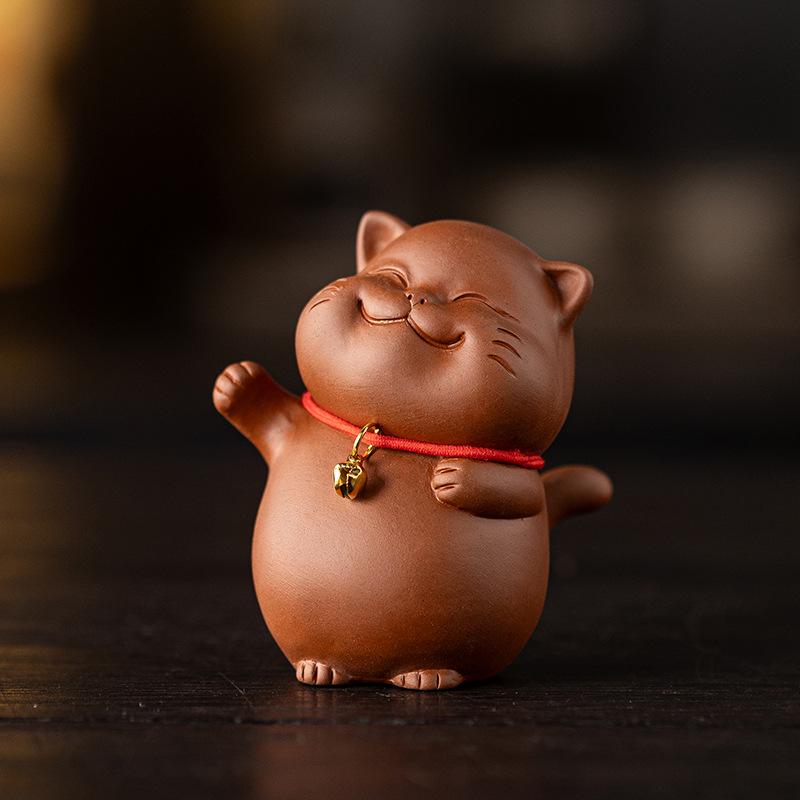 Charming Lucky Cat Purple Clay Tea Pet for Home or Office Decor