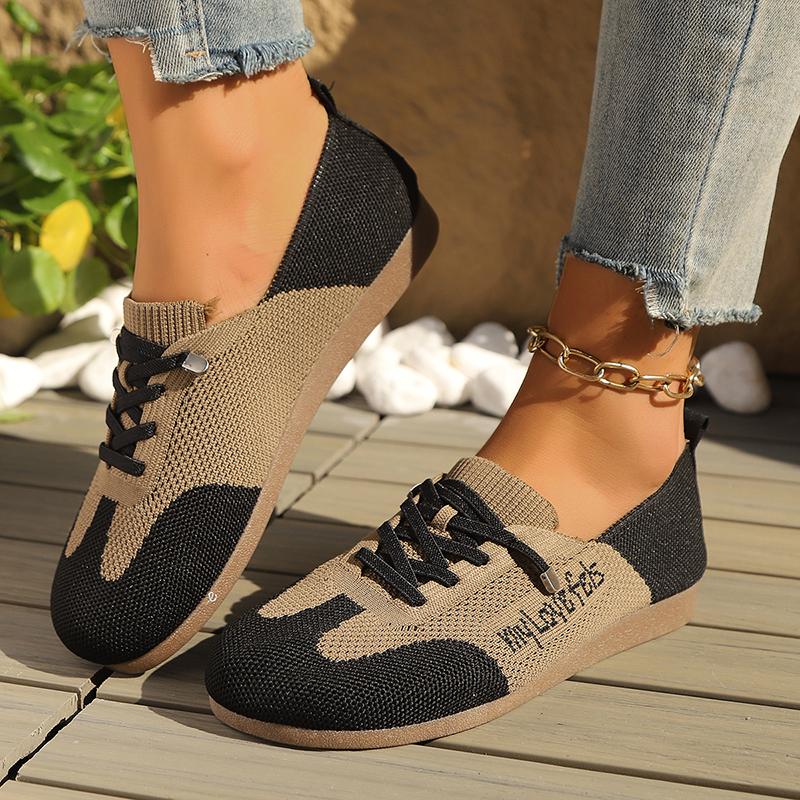 Mode Gemischte Farben Schnürschuhe Flache Schuhe Damen Übergröße Atmungsaktives Mesh Freizeitschuhe Frau Sommer Weiche Sohle Rutschfest Plateau Slipper