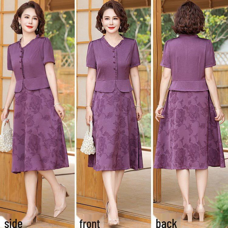 Mom's Elegant Chinese-Style Plus Size Dress: Slimming, Tummy-Concealing Summer Short Sleeve for Middle-Aged and Elderly Women