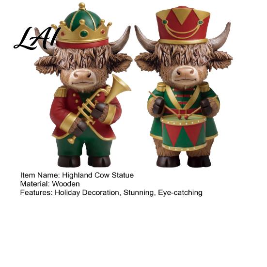Exquisite Christmas Collectibles 2 Pcs Nutcracker Highland Cow Figurine Wooden Scottish Cattle Statue with Trumpet Playing Musical Ornaments