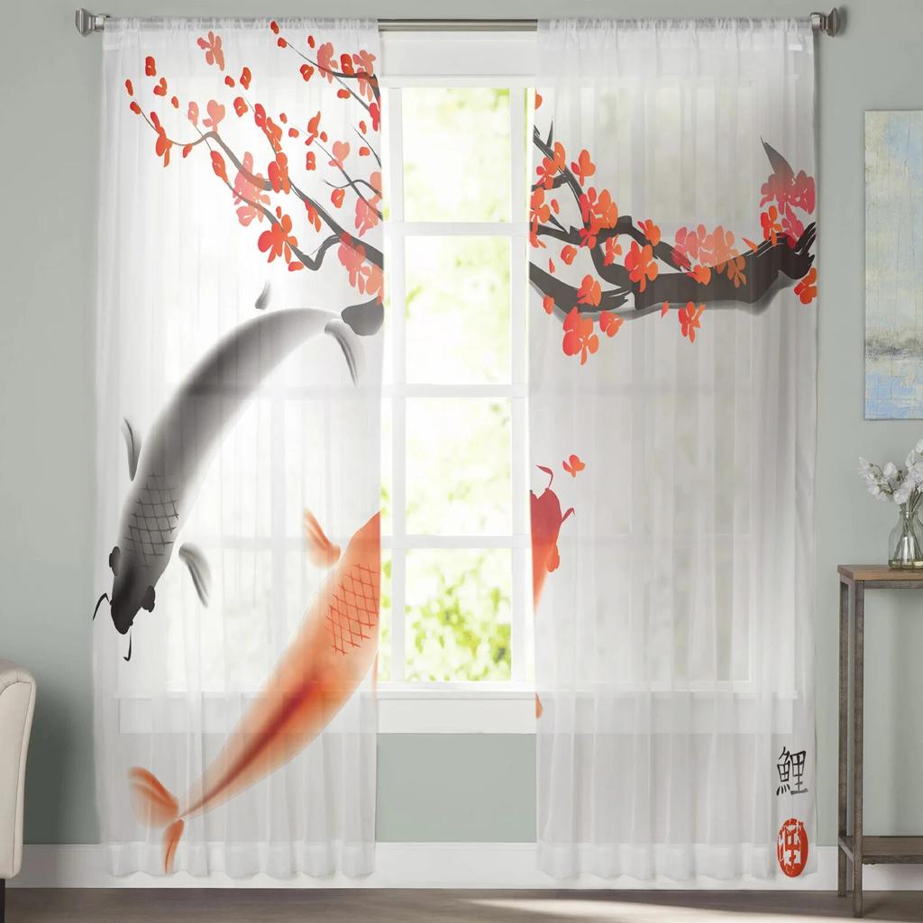 Koi Fish Painting Sheer Curtain for Bedroom Tulle Voile Curtain for Kitchen Living Room Decor Window Treatment