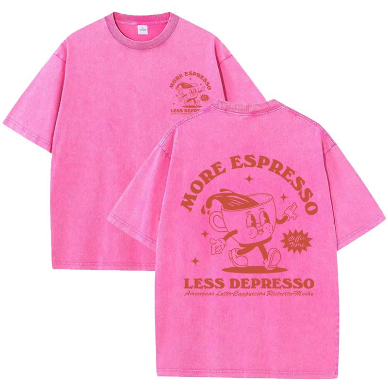 

More Espresso Less Depresso Letter Cup Drink Print Washed Womens Tee Shirt Cotton T-Shirts New Breathable Clothes All-Match Top M
