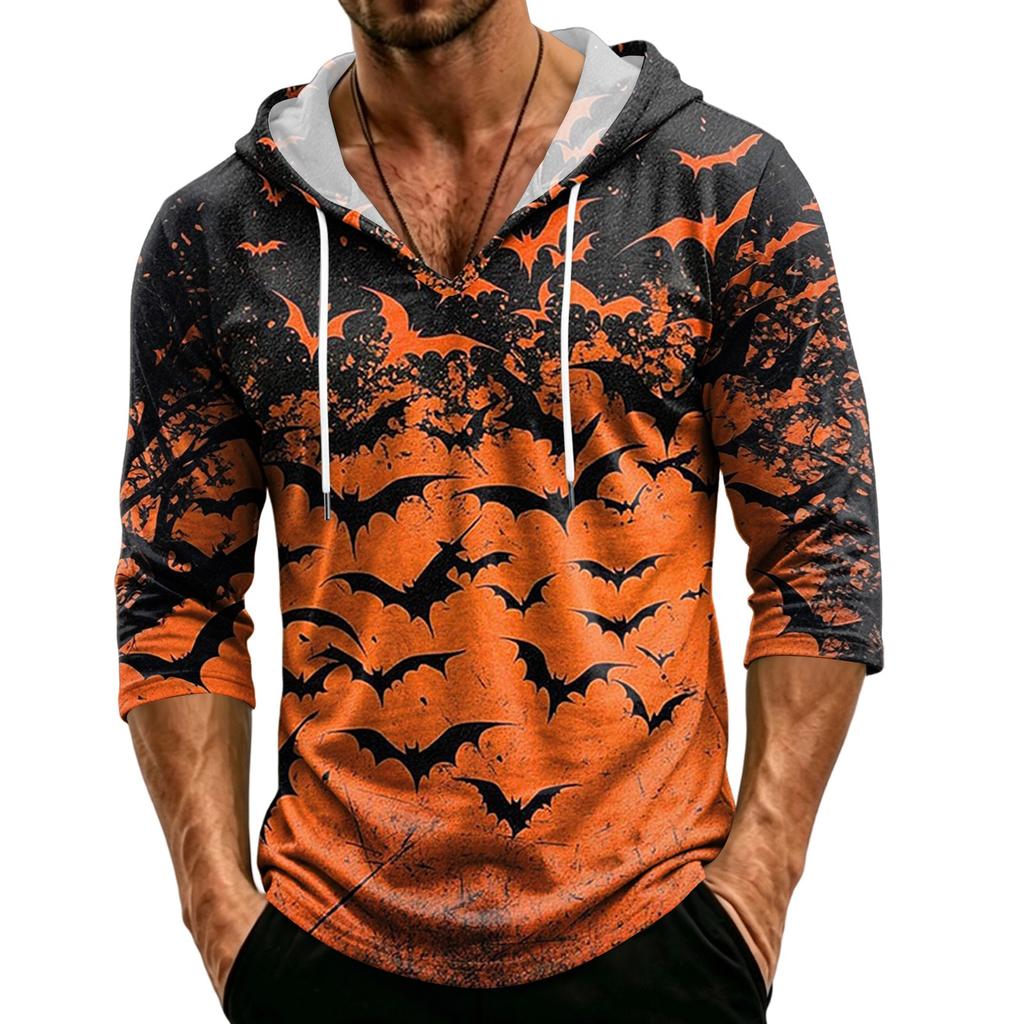 Men's Loose Fit Casual Hoodie Three Quarter Sleeve Pullover Halloween Themed Graphic Print Lightweight Top