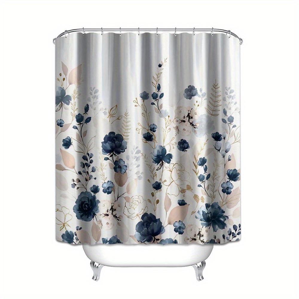 1Pc Of Blue Floral Digital Print Waterproof Polyester Shower Curtain, No Drilling Required, Bathroom Partition Curtain.