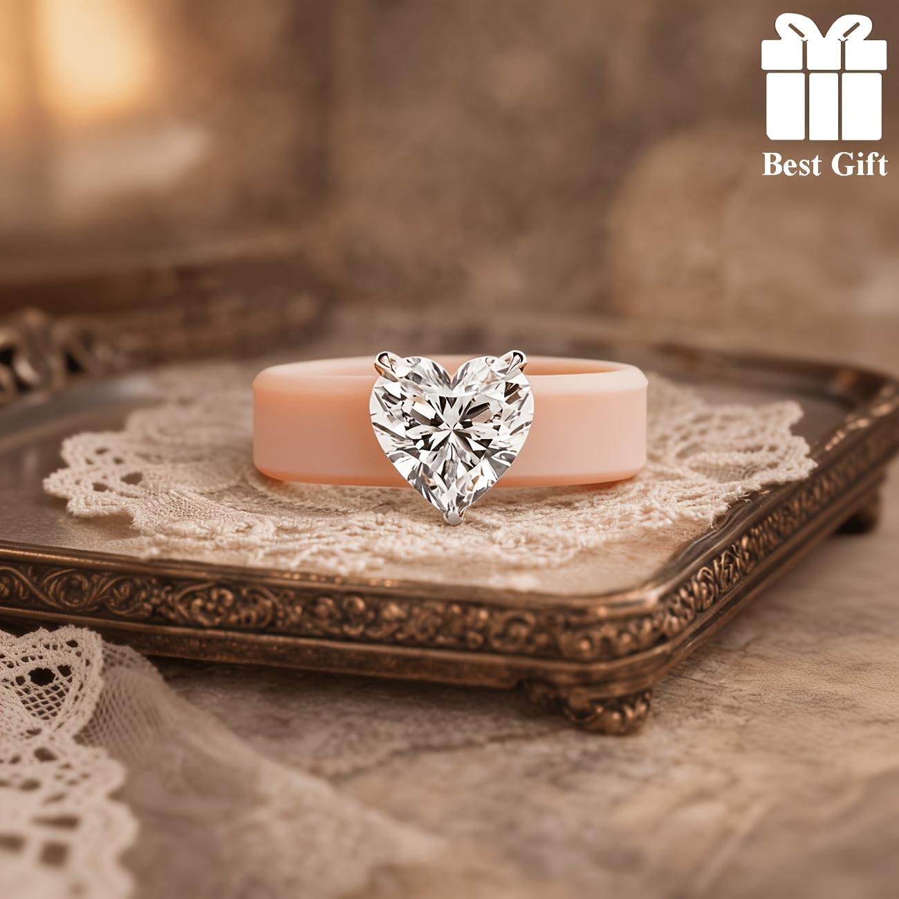 Kaki Siliconen Band Ring met Solitaire Hartvormige Geslepen Zirkonia, Zacht Comfort Bruiloft Belofte Sieraden Cadeau Voor Vrouwen 10