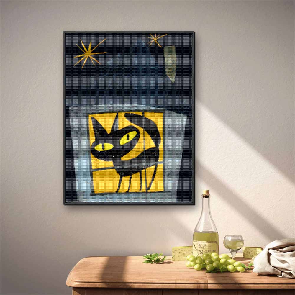 Full Drill Diamond Painting Kit Black Cat In Window At Night Design Relaxing Creative Craft for Home Wall Decoration Art Hobby Project