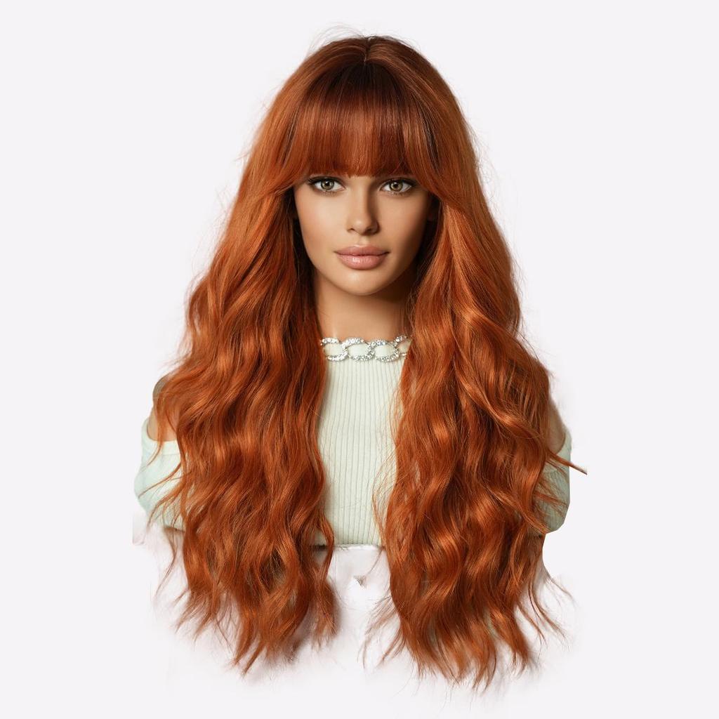 Vibrant Orange Ginger Wig - 26" Heat Resistant Loose Waves with Blunt Bangs, Platinum & Pink Balayage Synthetic Hair for Cosplay & Parties