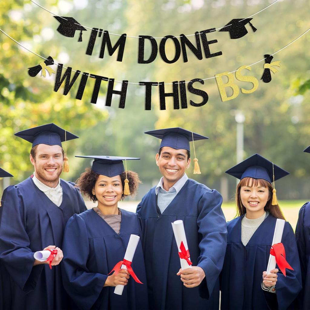 I'm Done With This BS Banner - Congrats Bachelor Grad Party Banner, Bachelor's Degree Graduation Party Decorations Black Glitter