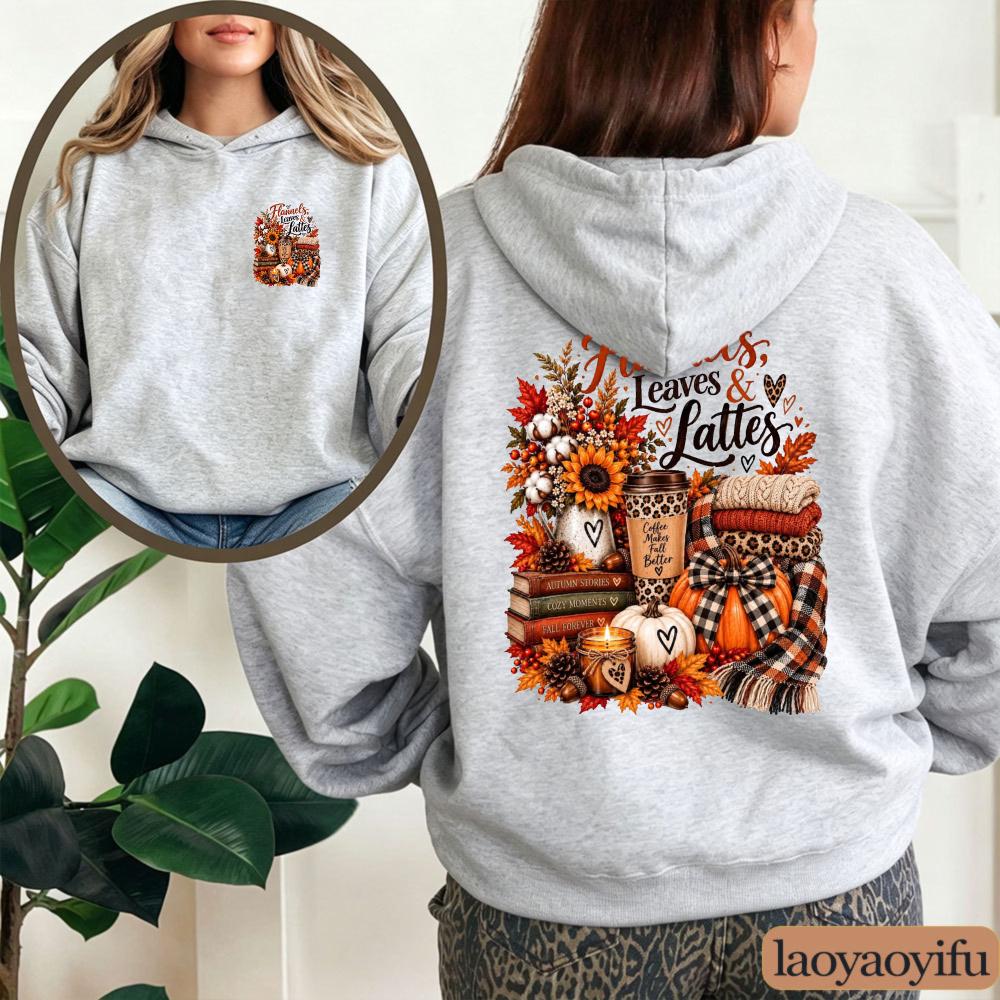 Flannels Leaves Lattes Hoodie Autumn Coffee Graphic Sweatshirt Fall Pumpkin Sunflower Candle Book Unisex Pullover Top
