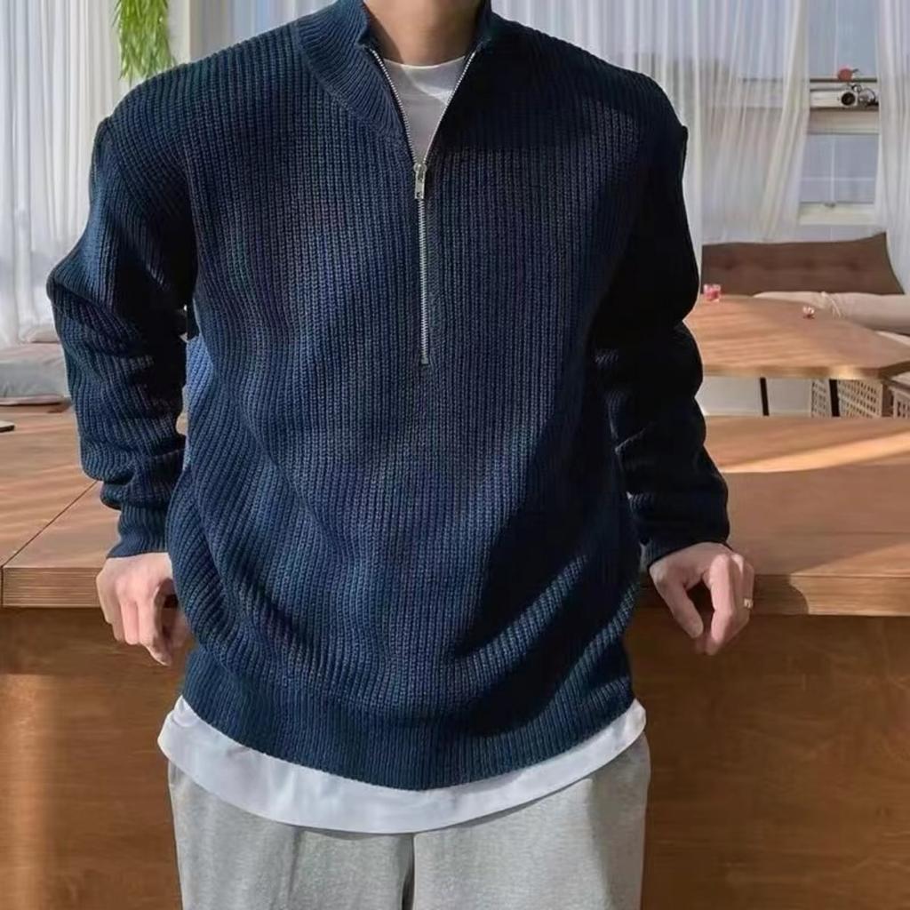 Spring and Autumn Loose Fashion Half Zipper Hooded Sweater for Men, Hong Kong Style Versatile and Casual Design, Stand Up Collar Knitted Sweater
